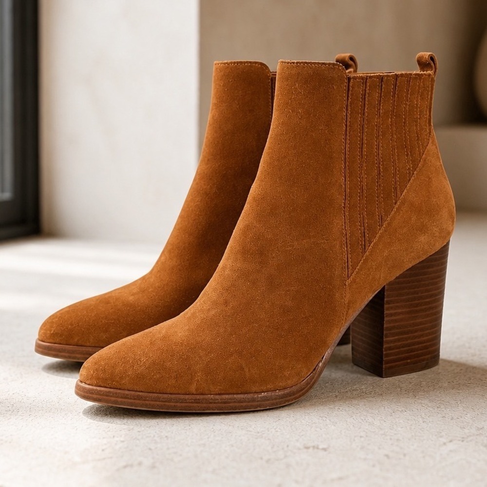 Marc Fisher Alva Cognac Brown Suede Pointed Western Toe Block Heel Booties 9.5M